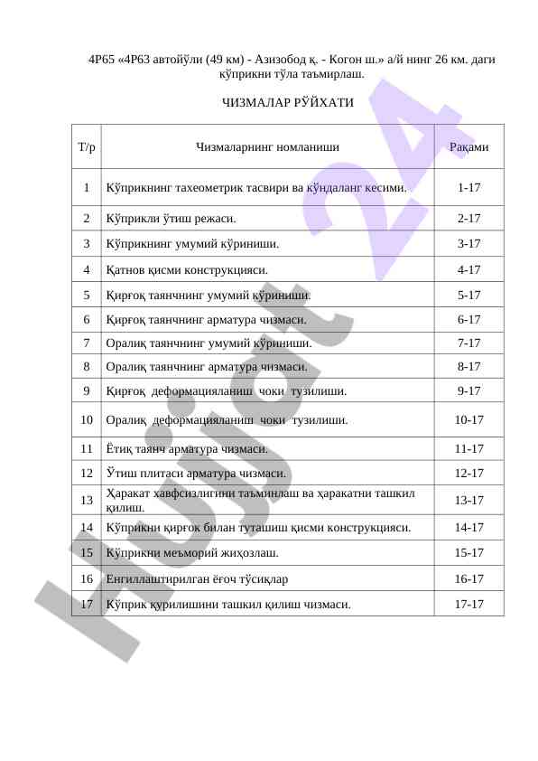Ko'prikni ta'mirlash chizmalar ro'yhati