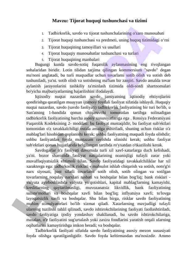 Tijorat huquqi tushunchasi va tizimi