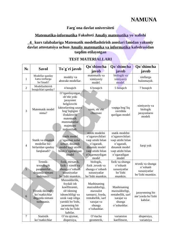 Matematik modellash va amaliy matematik test materiallari