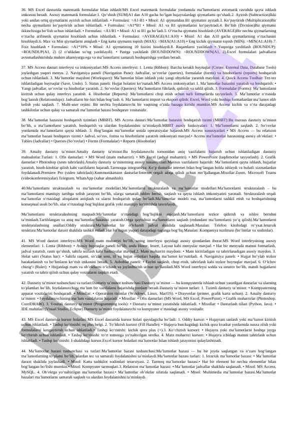 Ms excel dasturida matematik formulalar bilan ishlash