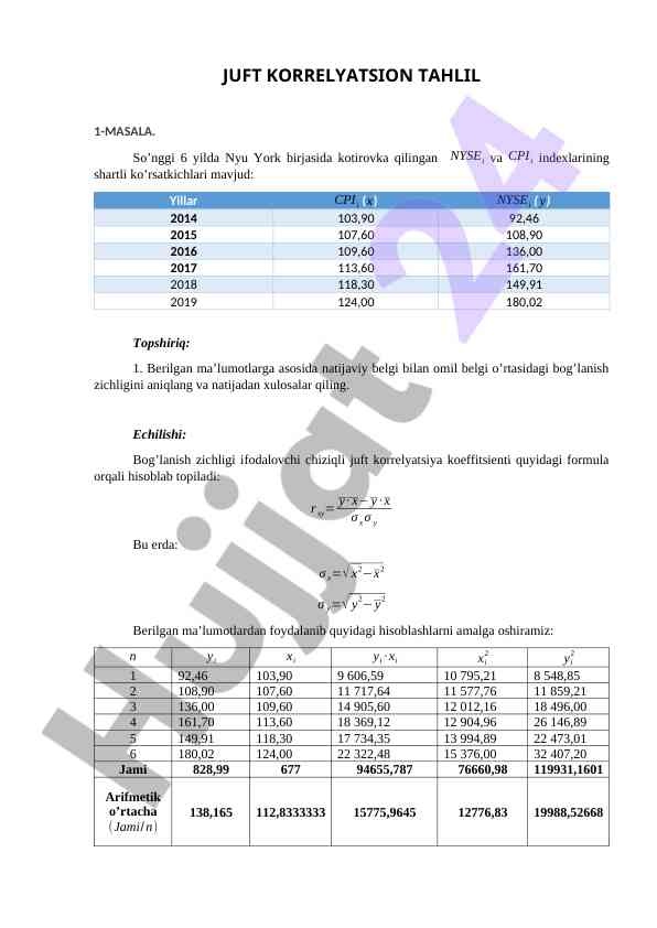 JUFT KORRELYATSION TAHLIL BO'YICHA HISOBLASHLAR