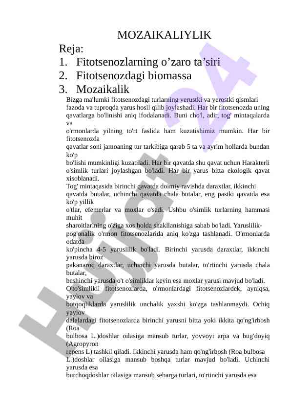 Fitotsenozlar va mozaikalik yaruslikning o'rganilishi