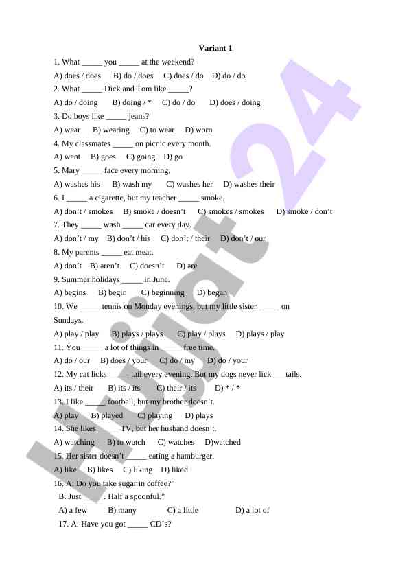English grammar test on daily activities
