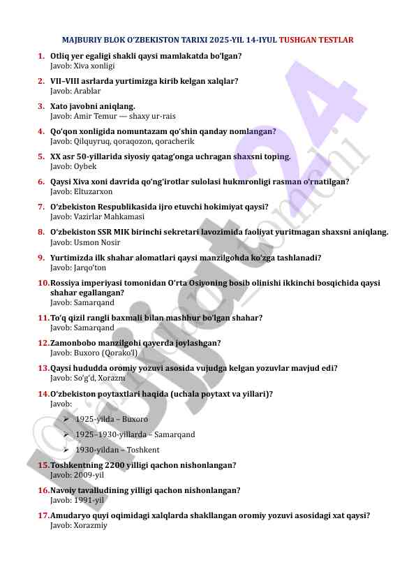 Tarixiy savollar bilan test topshiriqlari