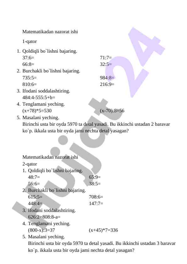 Matematika nazorat ishi natijalari va masalalar