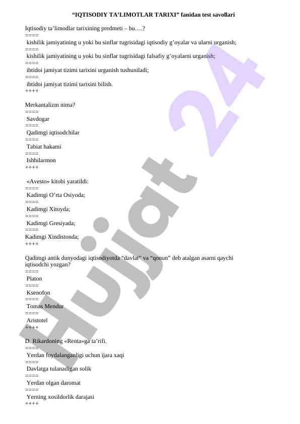 Iqtisodiy ta’limotlar tarixi fanidan test savollari