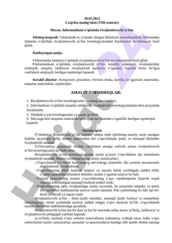 Informatikani o'qitishda rivojlantiruvchi ta'lim