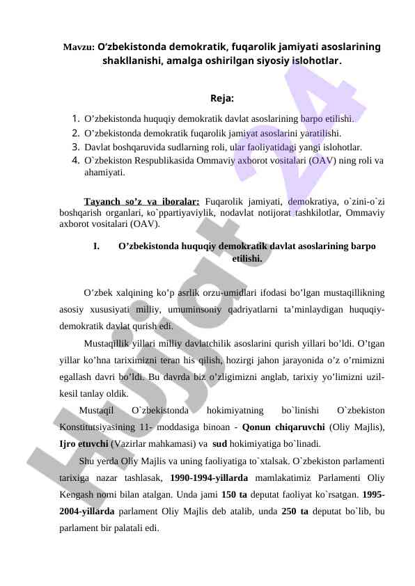 O‘zbekistonda demokratik fuqarolik jamiyati asoslari