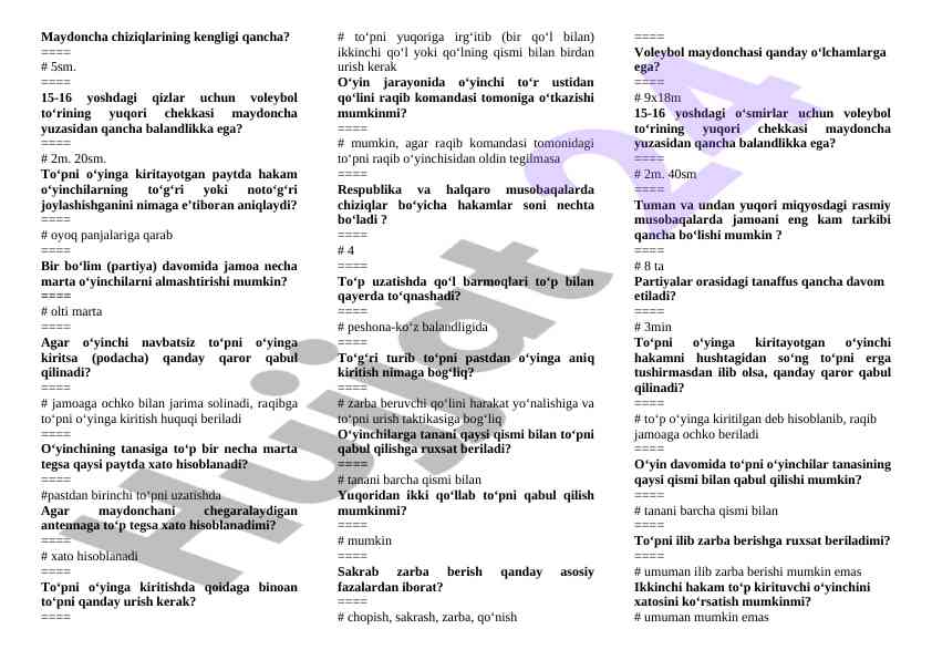 Voleybol o'yini qoidalari bo'yicha savollar