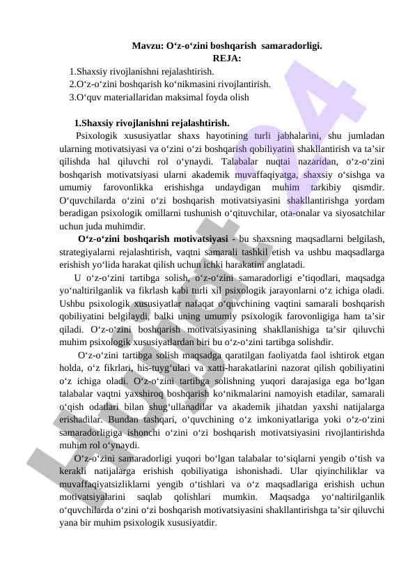 O‘z-o‘zini boshqarish samaradorligi tahlili
