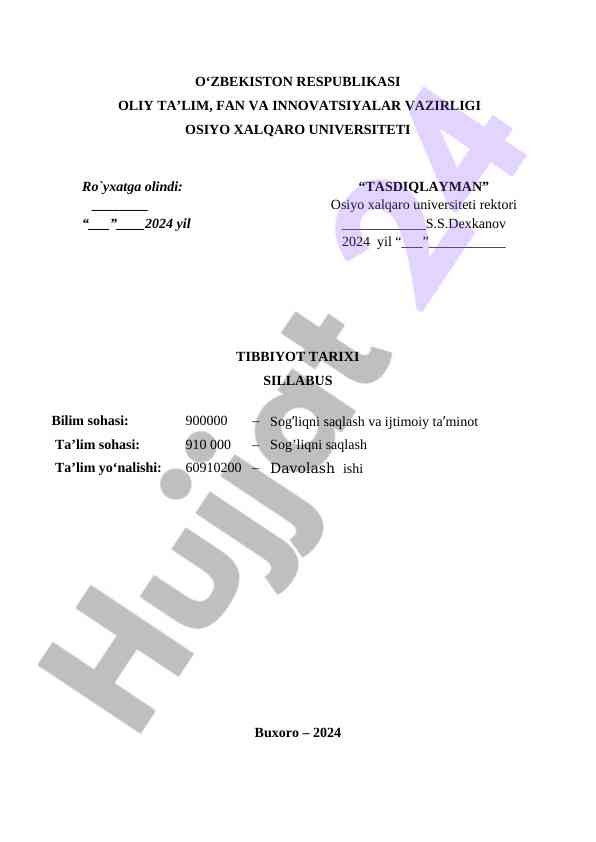 Tibbiyot tarixi dars sillabusi baholash tizimi