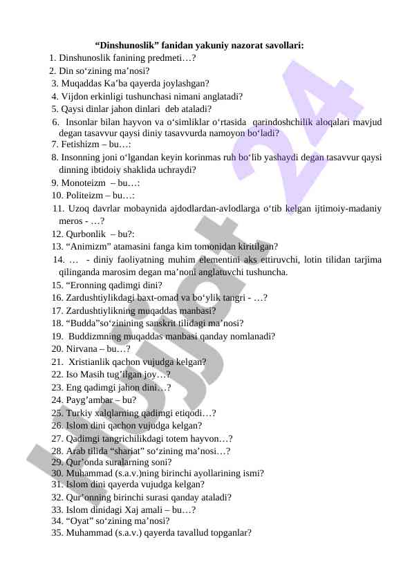 Dinshunoslik fanidan yakuniy nazorat savollari