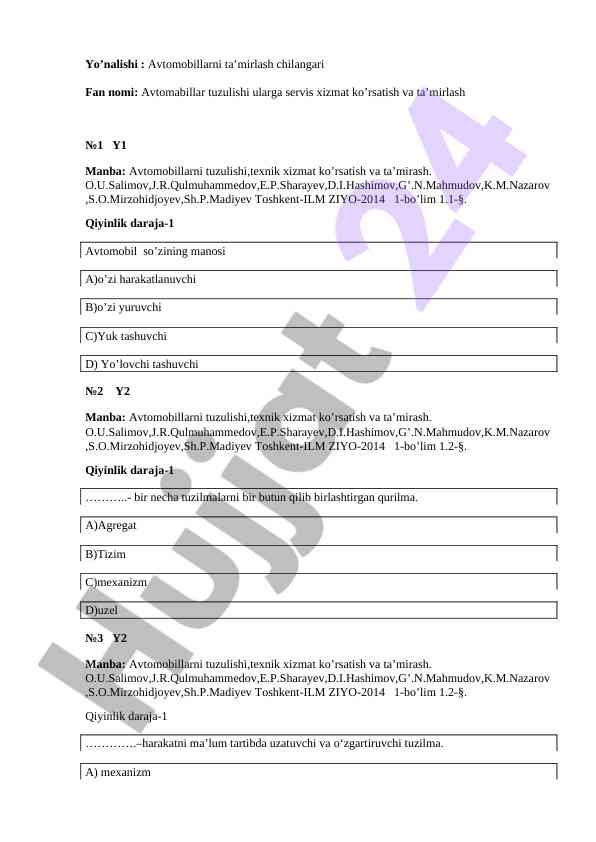 Avtomobillarni ta’mirlash va texnik xizmat