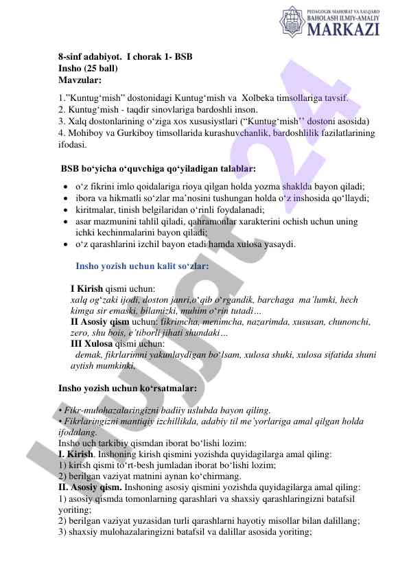 8-sinf adabiyot insho mavzulari va talablar