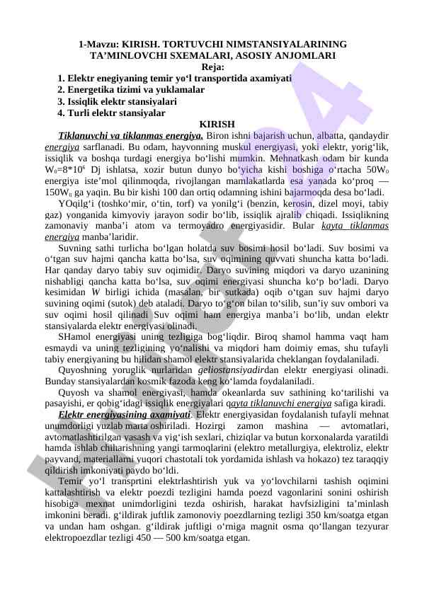 Elektr energiya tizimlarining texnologik asoslari