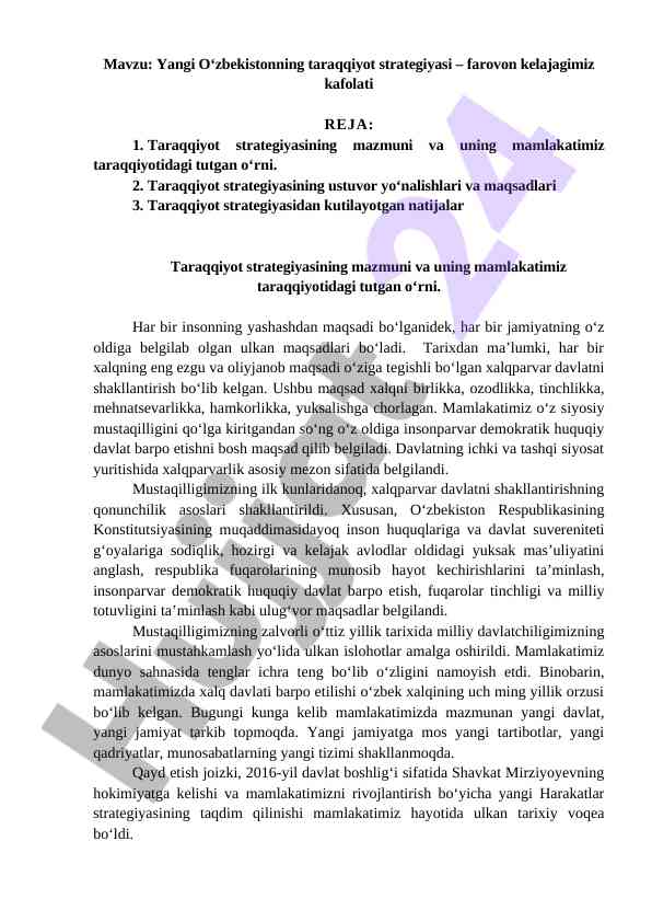 Yangi o'zbekiston taraqqiyot strategiyasi tahlili