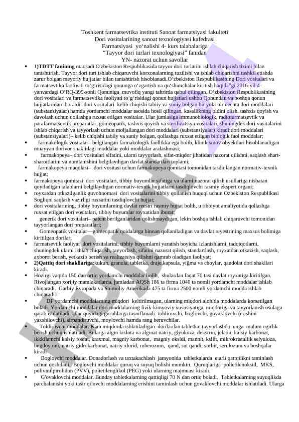 Tayyor dori turlari texnologiyasi fanidan nazorat savollari