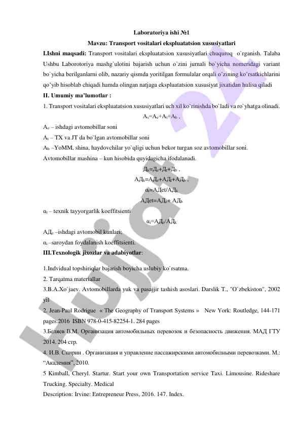 Transport vositalari ekspluatatsion xususiyatlari