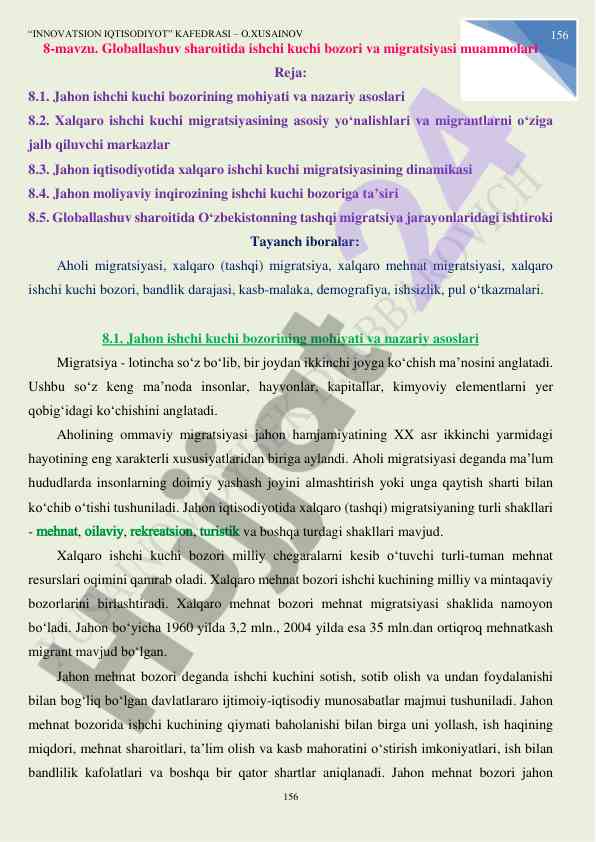 Globallashuv sharoitida ishchi kuchi migratsiyasi