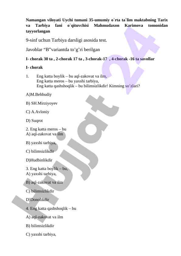 9-sinf uchun tarbiya darslogi bo'yicha test