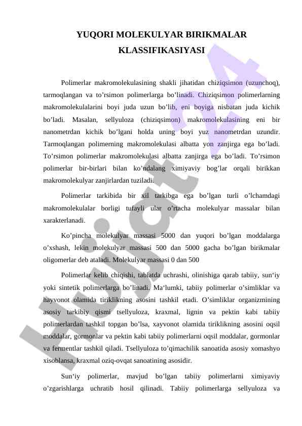 Yuqori molekulyar birikmalar klassifikatsiyasi