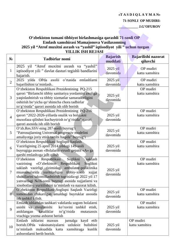 Yazilgan emalash xamshirasi rejalari 2024 yil