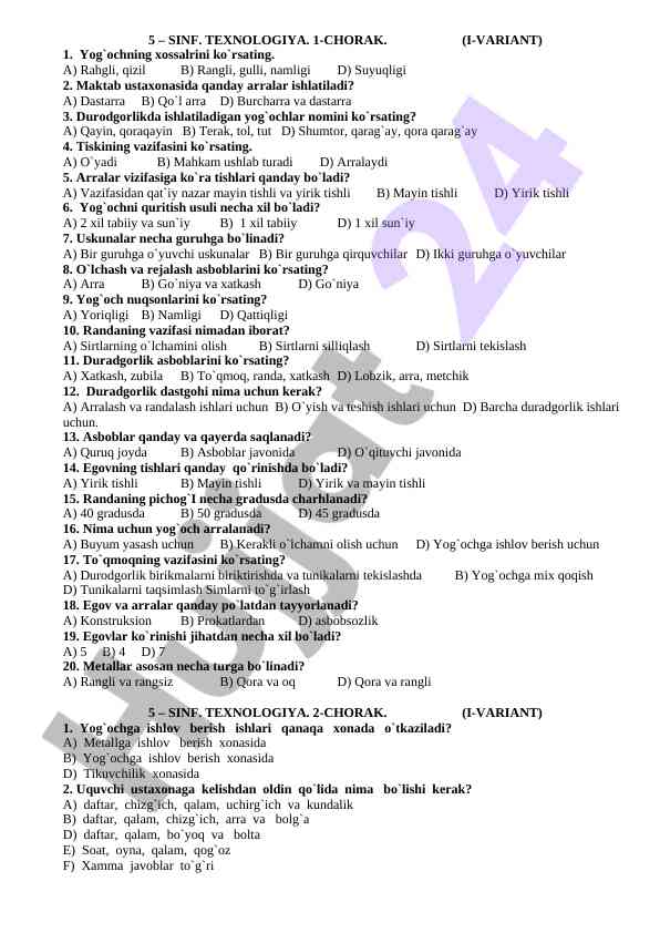 Texnologiya sinfidagi yogoch xossalari bilan test