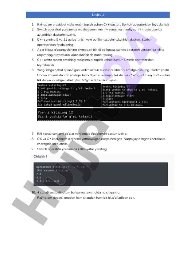 C++ dasturlarida switch operatoridan foydalanish
