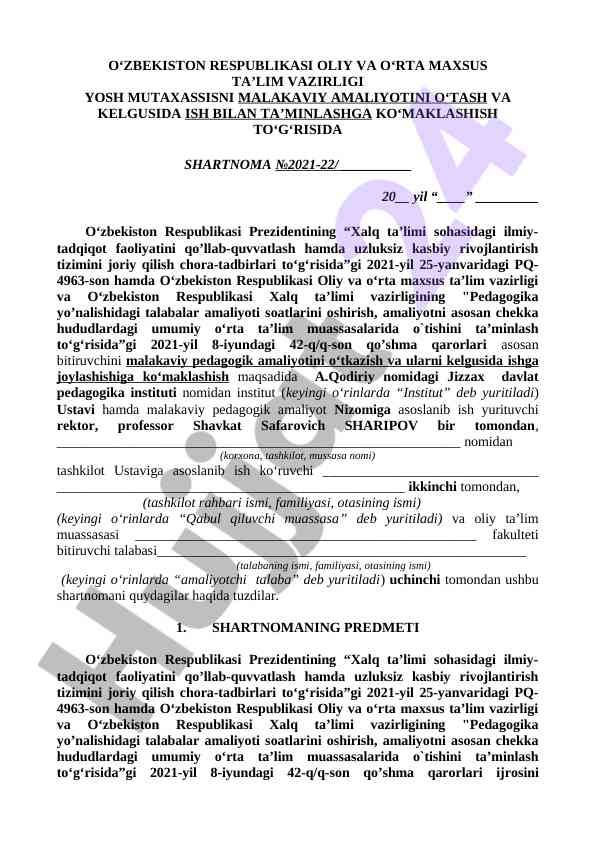 Yosh mutaxassislar malakaviy amaliyoti shartnomasi