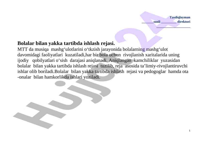Bolalar bilan yakka tartibda ishlash rejasi