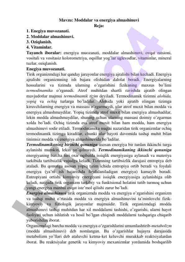 Moddalar va energiya almashinuvi darslari