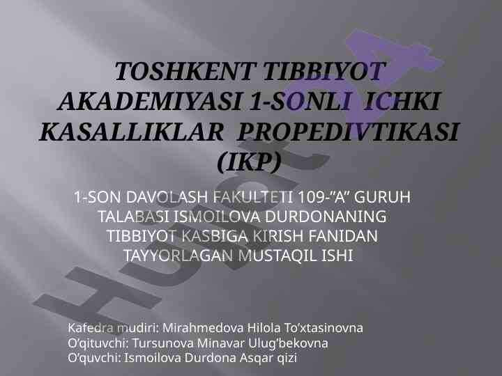 Bemorlarni transportirovka qilish fanidan mustaqil ish