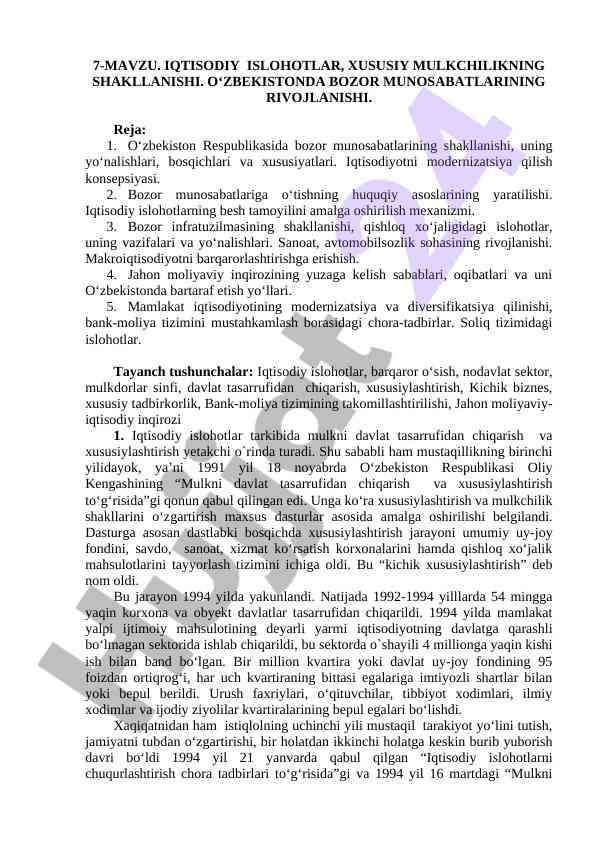 Iqtisodiy islohotlar va bozor munosabatlari