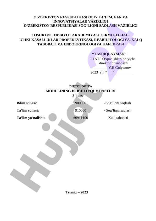 Ichki kasalliklar propedeutikasi o‘quv dasturi 2023