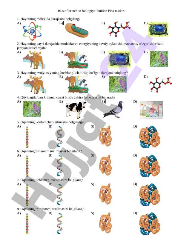 Biologiya fanidan pisa testlari uchun savollar
