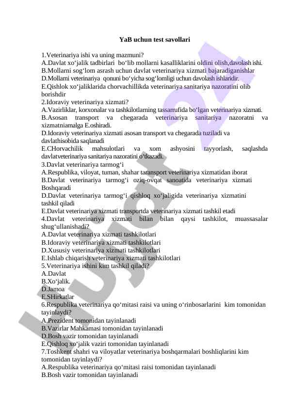 Veterinariya ishlari uchun test savollari