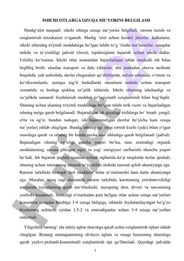 Ishchi otlar ozuqa me'yorini belgilash usullari