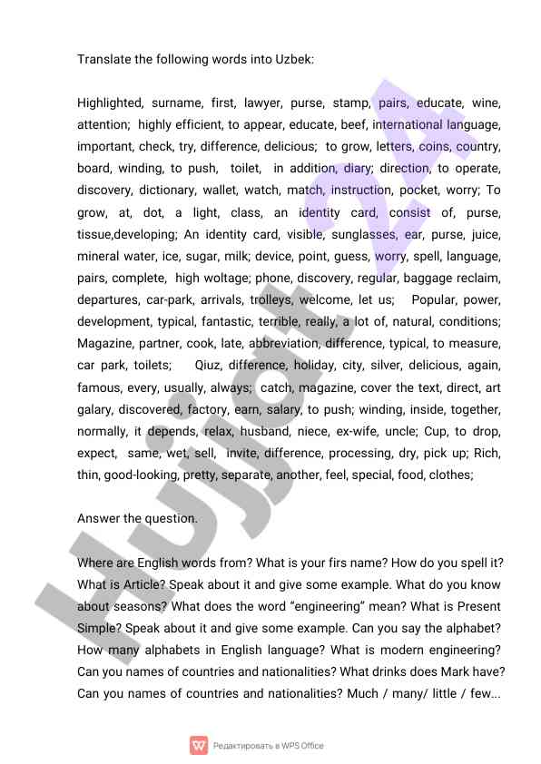 Translation of common words into uzbek language