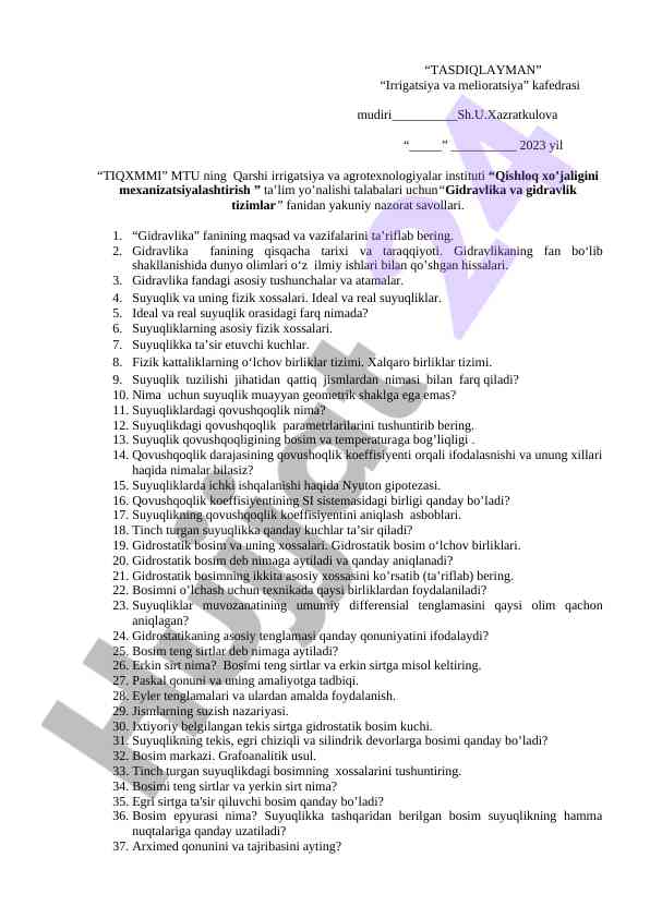 Gidravlika va gidravlik tizimlar fanidan yakuniy nazorat