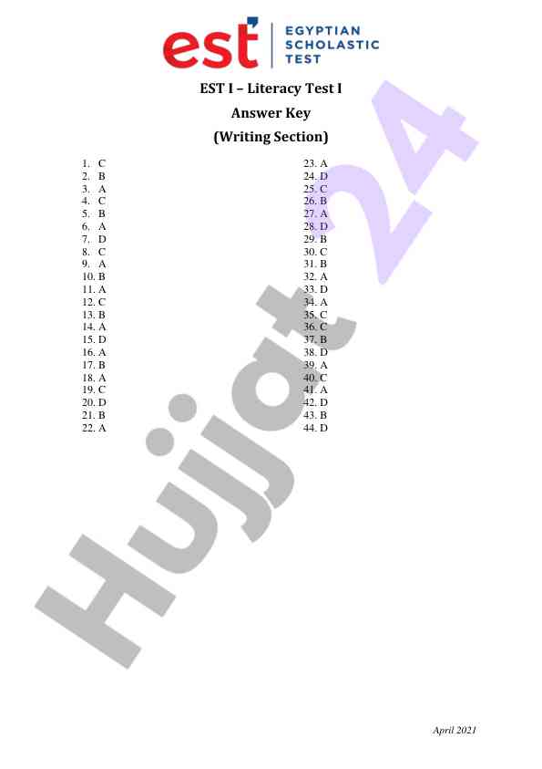 April 2021 est i literacy test i answer key
