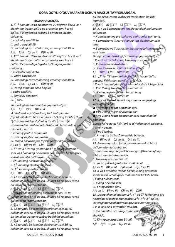 Izotop atomlari haqida test savollari