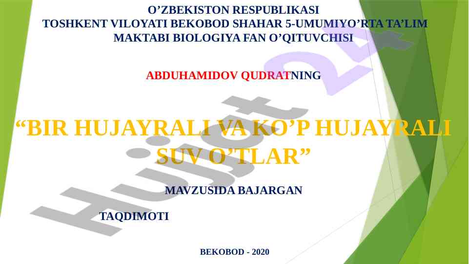 Bir hujayrali va ko’p hujayrali suv o’tlar taqdimoti