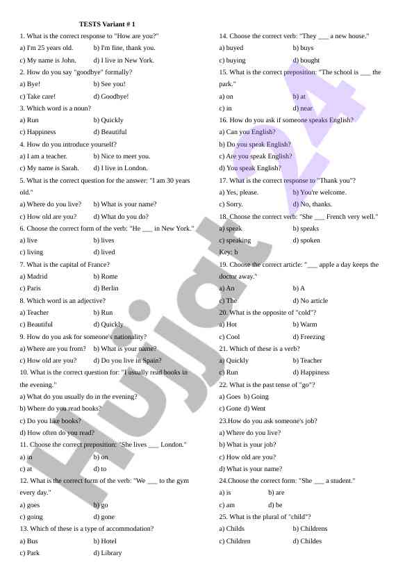 English language skills test for beginners