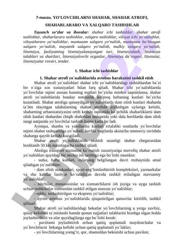 Shahar ichi va atrofi tashishlari tajribalari