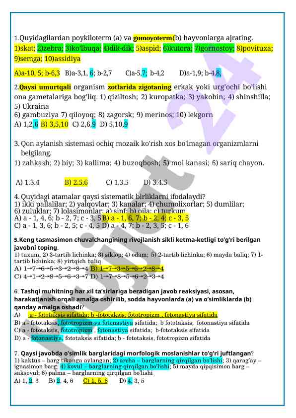Hayvonlar tizimlashuvi bilan bog‘liq test savollari