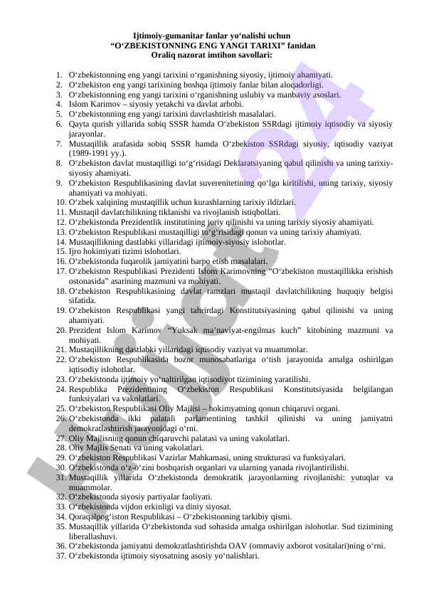 O‘zbekistonning eng yangi tarixi imtihon savollari