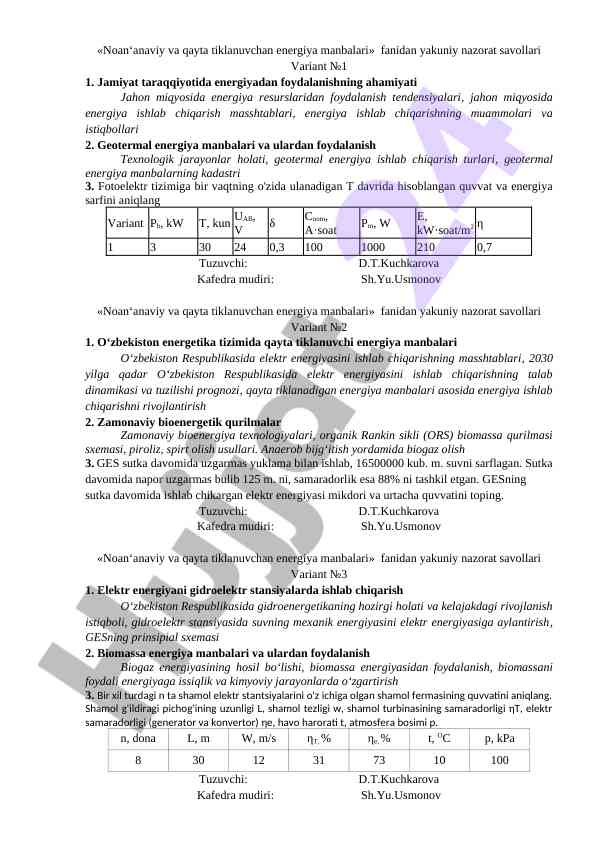 Noan‘anaviy energiya manbalari nazorat savollari