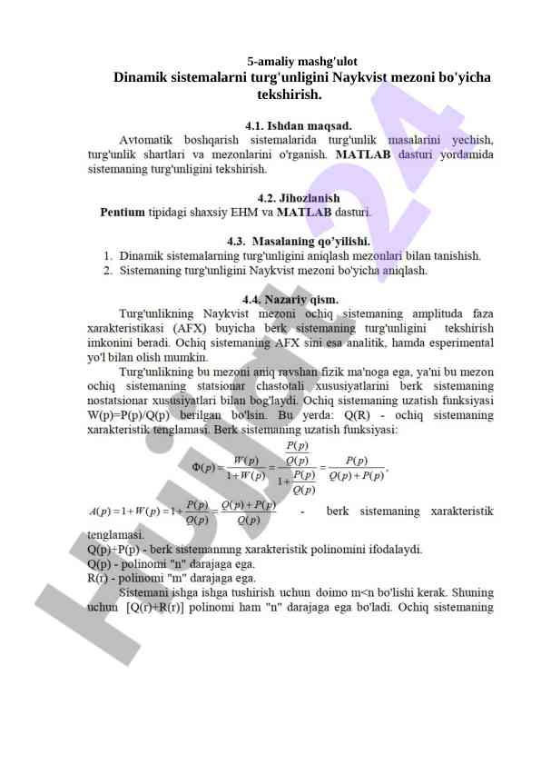 Dinamik sistemalarning turg'unligini nazorat qilish