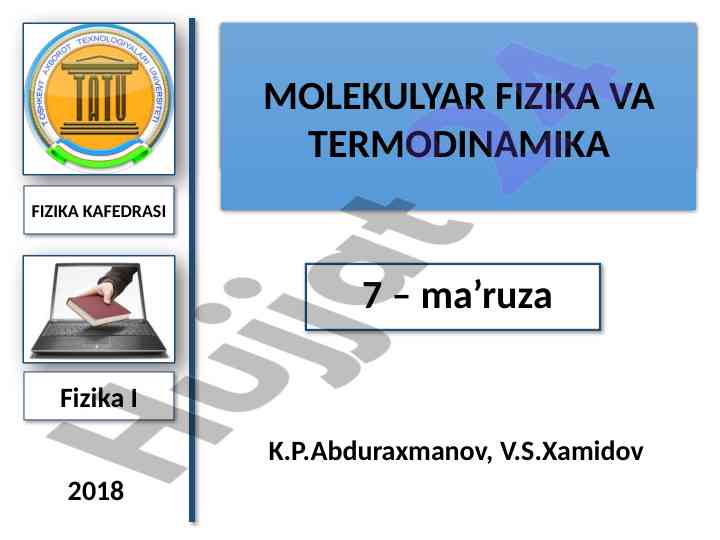 Molekulyar fizika va termodinamikaga dars rejasi