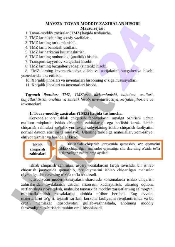 Tovar-moddiy zaxiralar hisobi mavzusi